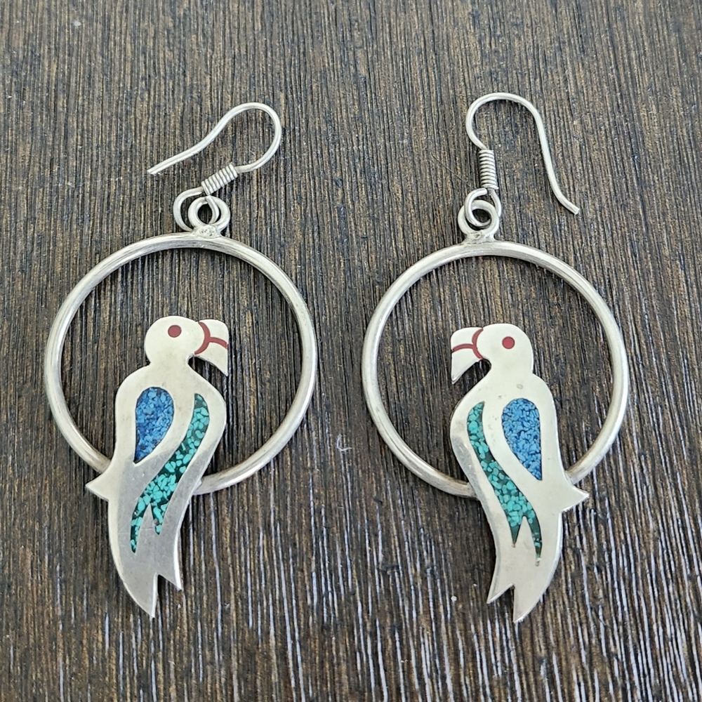 925 Sterling Silver Mexico Parrot dangling Earrings